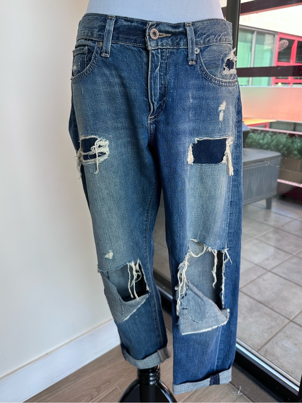 Lucky Brand Distressed Patchwork Blue Boyfriend Jeans